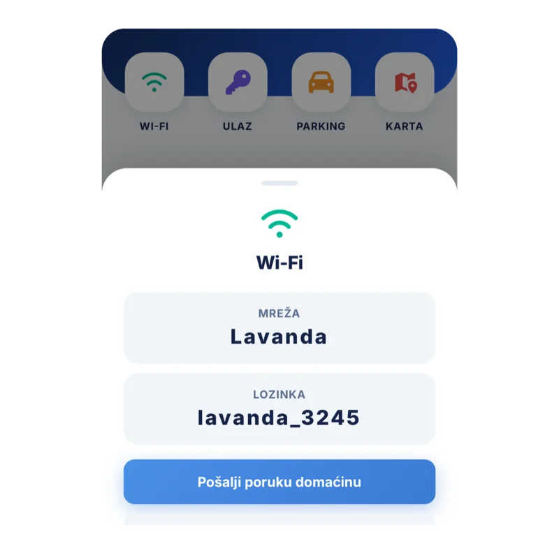 Stranica s informacijama za gosta u Gostlyju – Wi-Fi, pristup i parking
